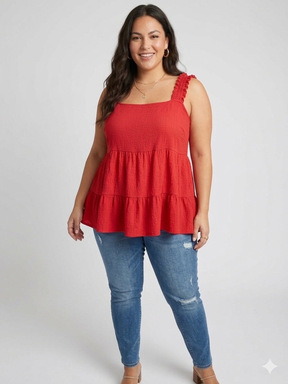 Arula Scarlet Red Tiered Babydoll Top with Smocked Ruffle Straps - Size A - Picture 5 of 5
